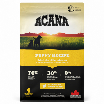 ACANA Puppy Recipe — მარცვლეულის გარეშე მშრალი საკვები ყველა ჯიშის ლეკვებისთვის, ქათმითა და ჰეკით, 2 კგ