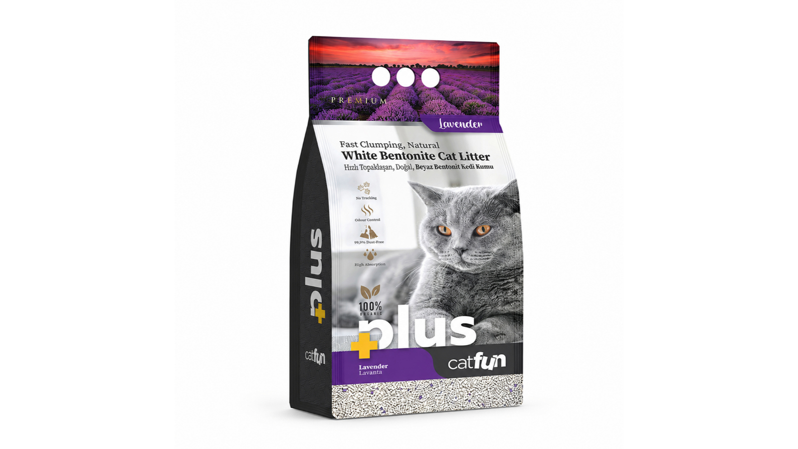 CatFun Plus — თეთრი ბენტონიტის კატის ქვიშა, ლავანდა, 10 ლ