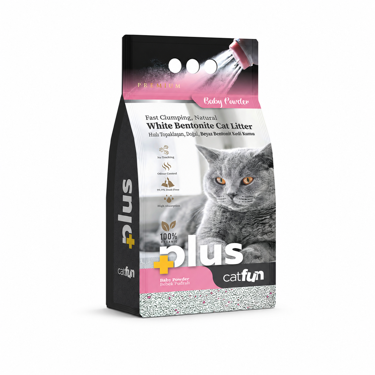 CatFun Plus — თეთრი ბენტონიტის კატის ქვიშა, საბავშვო პუდრის სურნელით 5ლ