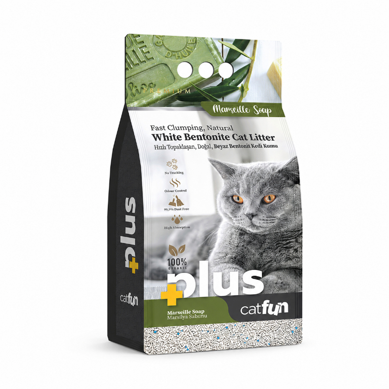 CatFun Plus — თეთრი ბენტონიტის კატის ქვიშა, მარსელის საპნის სურნელით 5ლ