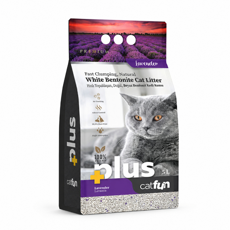 CatFun Plus — თეთრი ბენტონიტის კატის ქვიშა, ლავანდა 5ლ
