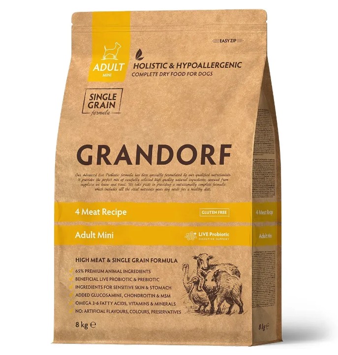 Grandorf 4 Meat & Probiotics მშრალი საკვები მინი ჯიშის ზრდასრული ძაღლებისთვის (4 სახეობის ხორცი და პრობიოტიკები) – 8 კგ