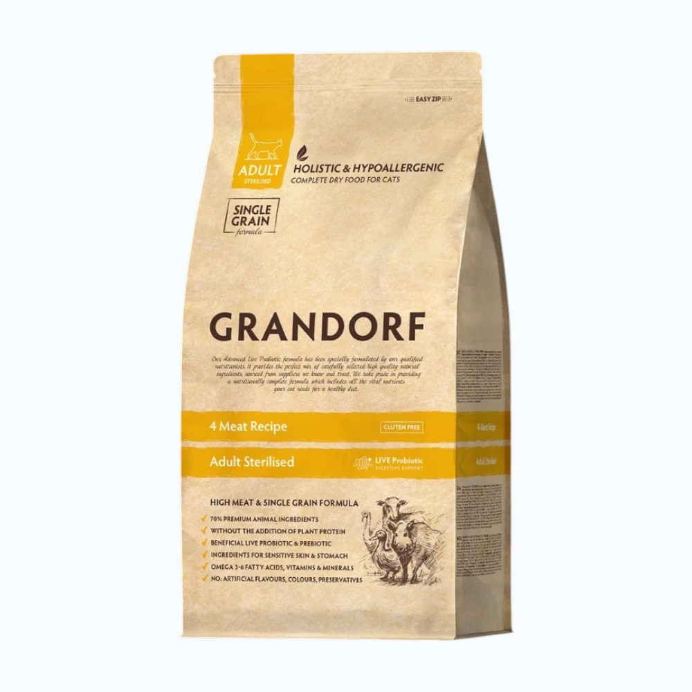 Grandorf 4 Meat Sterilized ჰოლისტიკ მშრალი საკვები სტერილიზებული კატებისთვის – 8 კგ