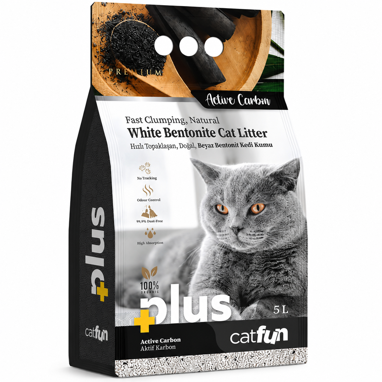 Catfun Plus Active Carbon კატის ბენტონიტის ქვიშა ნახშირით 5 ლ  ინგლისური: