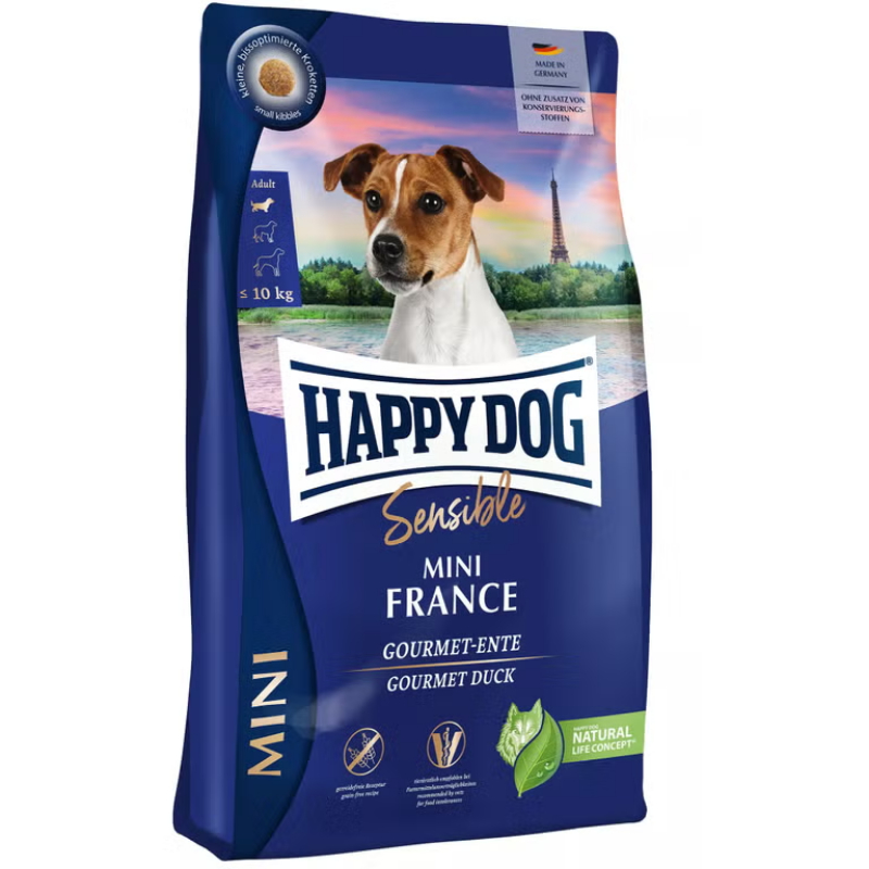 Happy Dog Sensible Mini France — მცირე ზომის ზრდასრული ძაღლების უმარცვლო მშრალი საკვები იხვის ხორცით, 4 კგ
