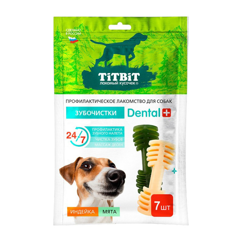 TITBIT Dental+ — ძაღლის კბილის ჯაგრისის ფორმის  საწმენდი ჩხირები ინდაურითა და პიტნით, 7 ცალი, 90 გ