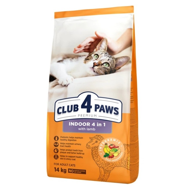 Club 4 Paws Premium - მშრალი საკვები შინაური (Indoor 4 in 1) კატებისთვის ბატკნის ხორცით 14 კგ