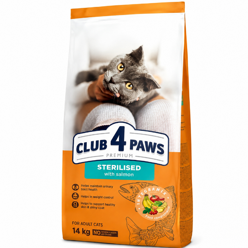 Club 4 Paws Premium Sterilised — სტერილიზებული კატების მშრალი საკვები ორაგულით, 14 კგ