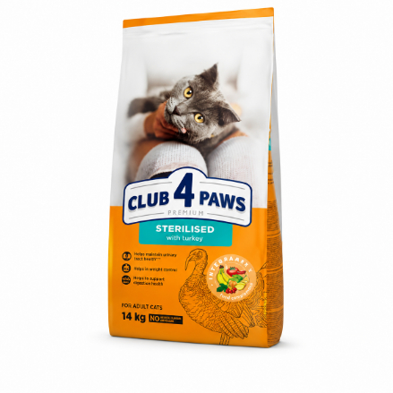 Club 4 Paws Premium Sterilised — მშრალი საკვები ზრდასრული სტერილიზებული კატებისთვის ინდაურით, 14 კგ
