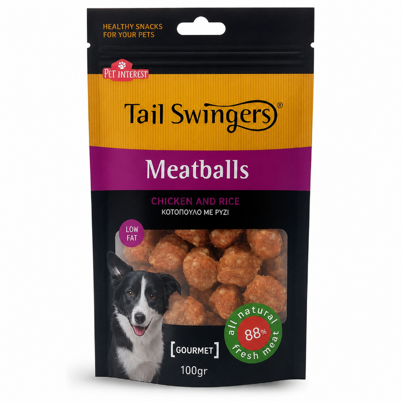 Tail Swingers Meatballs — ძაღლის სასუსნავი ბურთულები ქათმითა და ბრინჯით, 100 გ