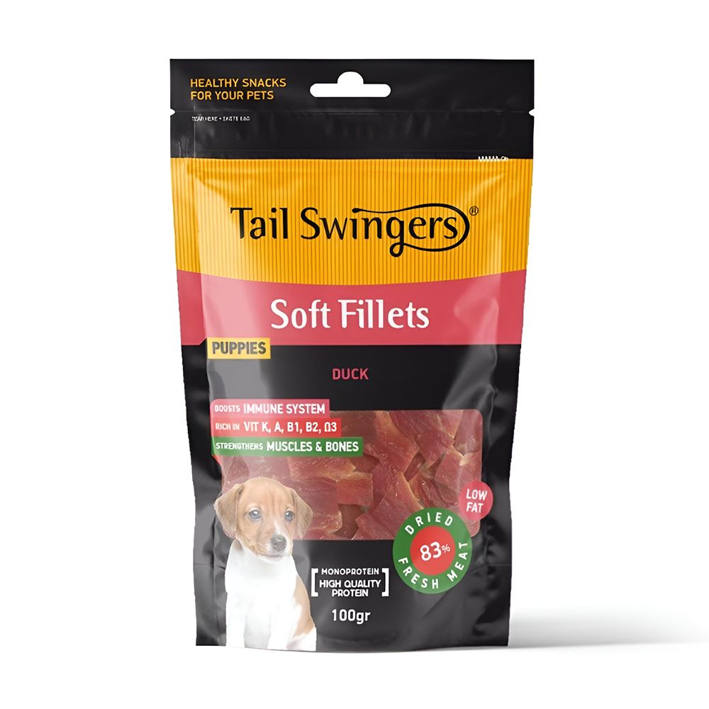 Tail Swingers — ლეკვების რბილი სასუსნავი იხვის ფილეს ნაჭრებით, 100 გ