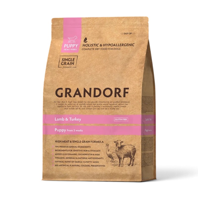 Grandorf Holistic — ყველა ჯიშის ლეკვების მშრალი საკვები ბატკნითა და ინდაურით, 3 კგ
