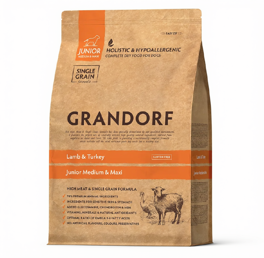 Grandorf Holistic — საშუალო და დიდი ჯიშების ლეკვების მშრალი საკვები ბატკნითა და ინდაურით, 3 კგ