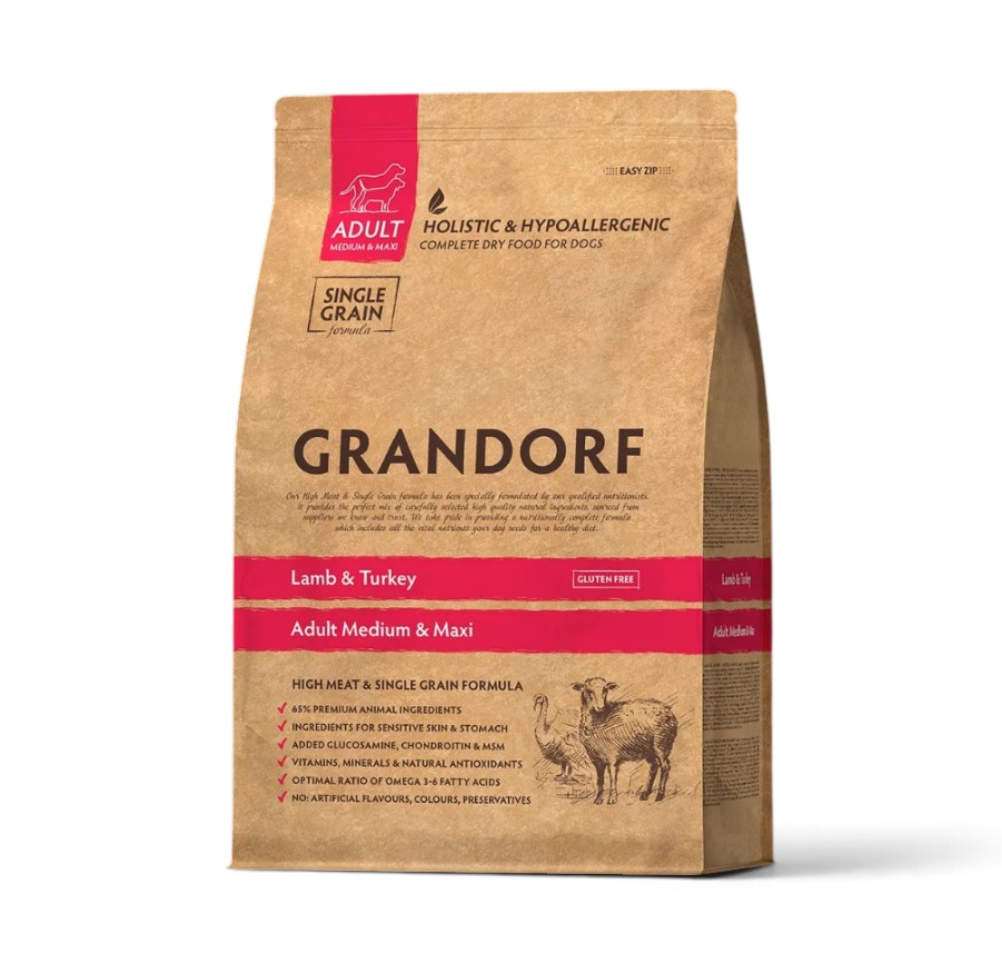 Grandorf Holistic — საშუალო და დიდი ჯიშების ზრდასრული ძაღლების მშრალი საკვები ბატკნითა და ინდაურით, 10 კგ
