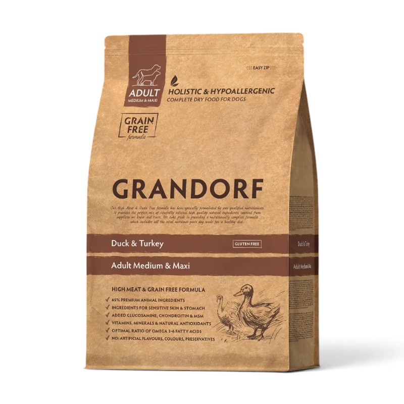 Grandorf Holistic Grain Free — საშუალო და დიდი ჯიშების ზრდასრული ძაღლების მშრალი საკვები იხვითა და ინდაურით, 10 კგ