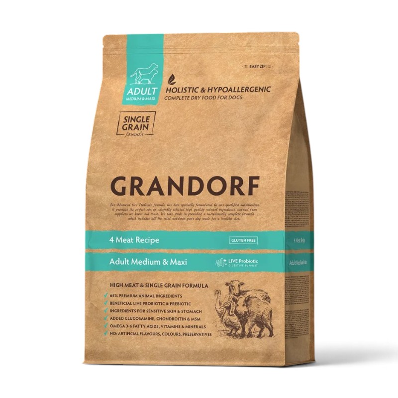 Grandorf Holistic 4 Meat — საშუალო და დიდი ჯიშების ზრდასრული ძაღლების მშრალი საკვები 4 სახეობის ხორცით, 10 კგ