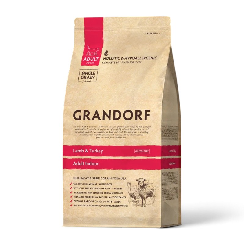 Grandorf Holistic Adult — ზრდასრული კატების მშრალი საკვები ბატკნითა და ინდაურით, 2 კგ