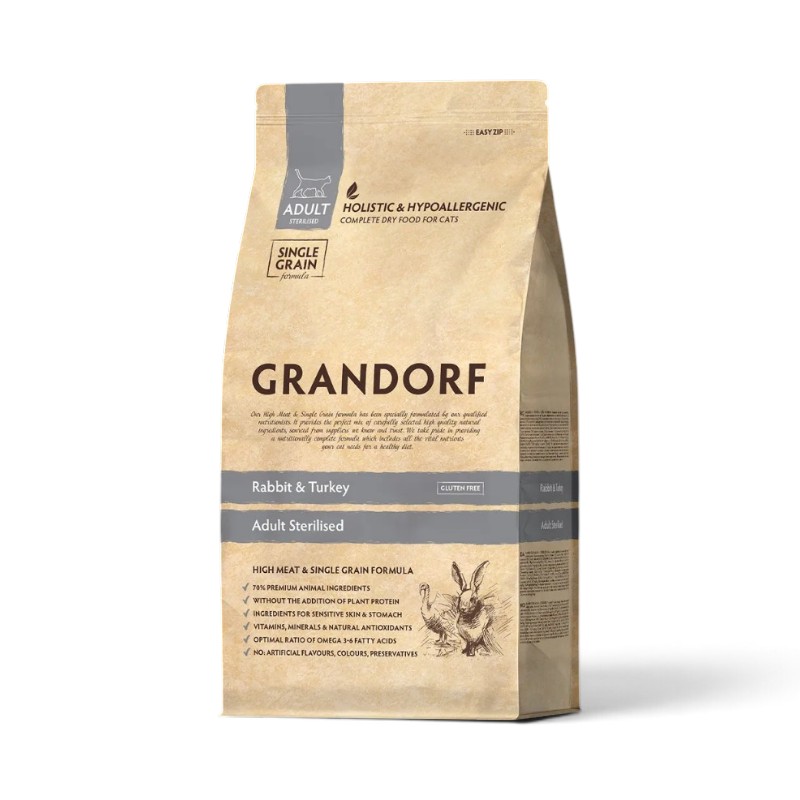Grandorf Holistic Sterilised — სტერილიზებული კატების მშრალი საკვები კურდღლითა და ინდაურით, 2 კგ