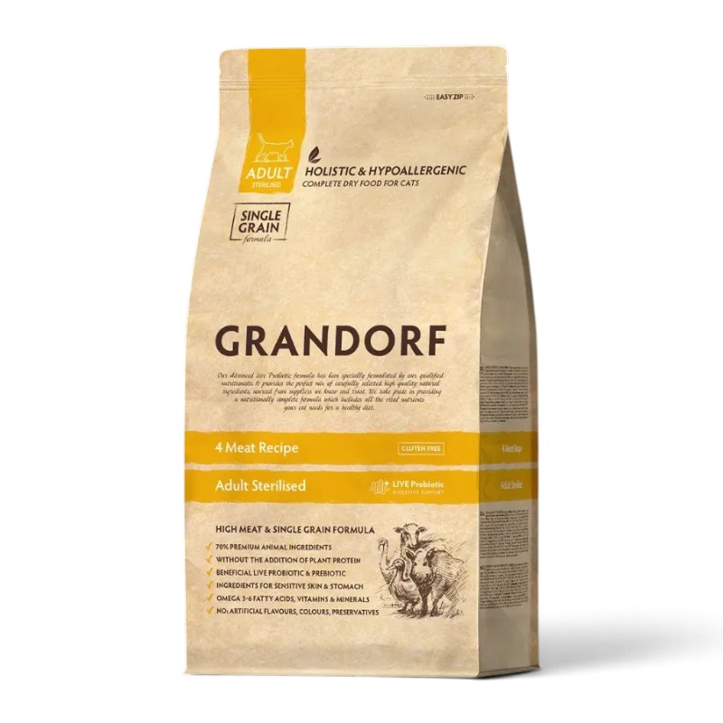 Grandorf Holistic Sterilised — სტერილიზებული კატების მშრალი საკვები 4 სახეობის ხორცით, 2 კგ