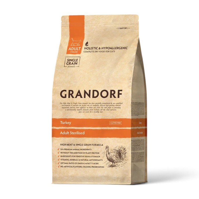 Grandorf Holistic Sterilised Monoprotein — სტერილიზებული კატების მშრალი საკვები ინდაურით, 2 კგ