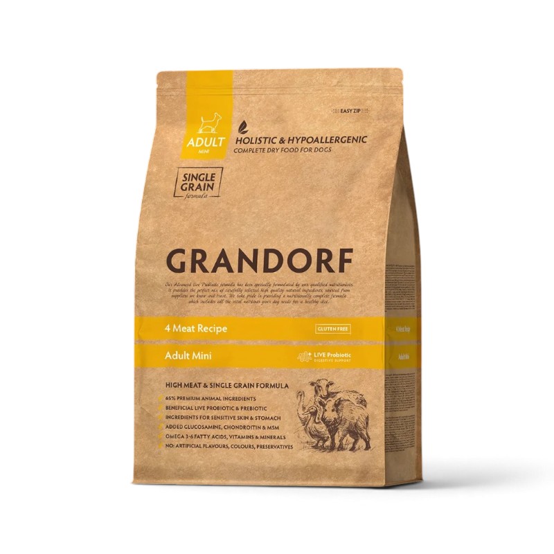 Grandorf Holistic 4 Meat — მინი ჯიშების ზრდასრული ძაღლების მშრალი საკვები 4 სახეობის ხორცით, 8კგ