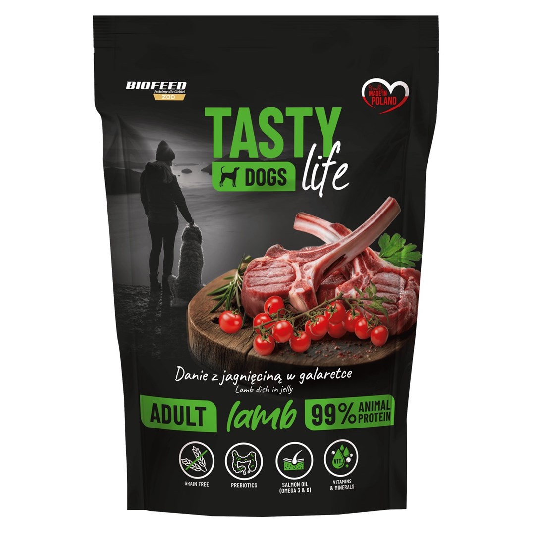 BIOFEED Tasty Dogs Life — ზრდასრული ძაღლების სრულფასოვანი სველი საკვები ბატკნის ხორცით, 500 გ