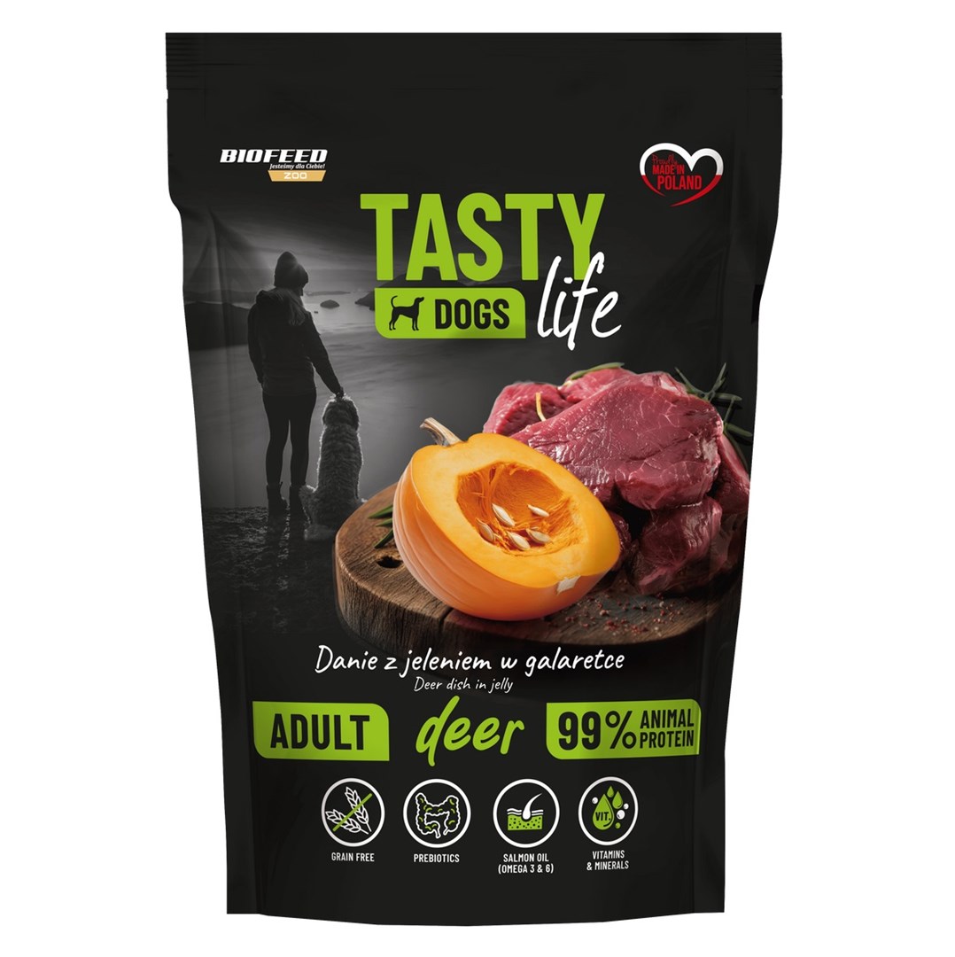 BIOFEED Tasty Dogs Life — ზრდასრული ძაღლების სრულფასოვანი სველი საკვები ლოსის ხორცით, 500 გ