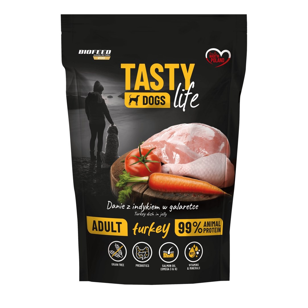 BIOFEED Tasty Dogs Life — ზრდასრული ძაღლების სრულფასოვანი სველი საკვები ინდაურის ხორცით, 500 გ