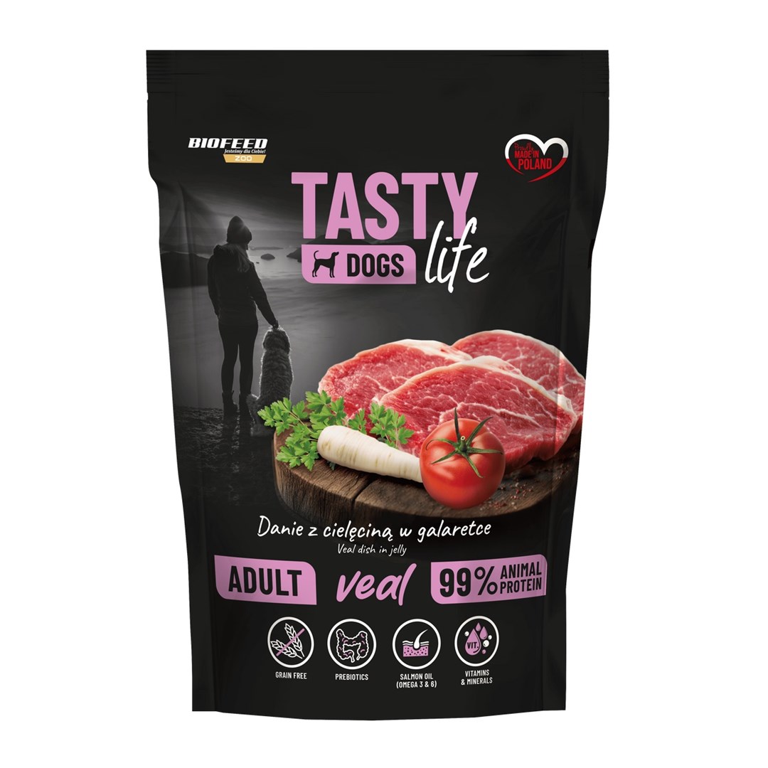BIOFEED Tasty Dogs Life — ზრდასრული ძაღლების სრულფასოვანი სველი საკვები ხბოს ხორცით, 500 გ