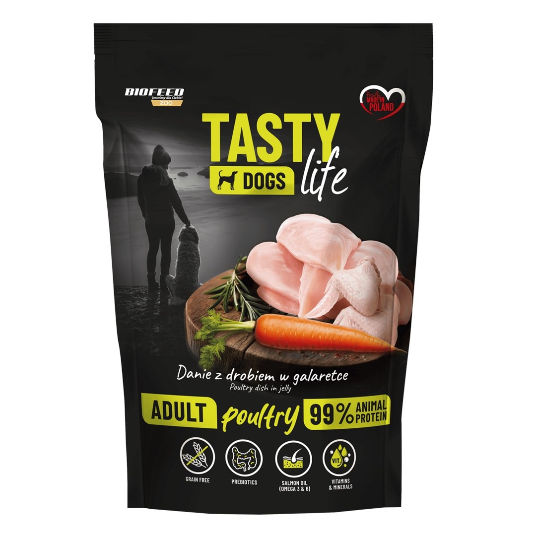 BIOFEED Tasty Dogs Life — ზრდასრული ძაღლების სრულფასოვანი სველი საკვები ფრინველის ხორცით, 500 გ