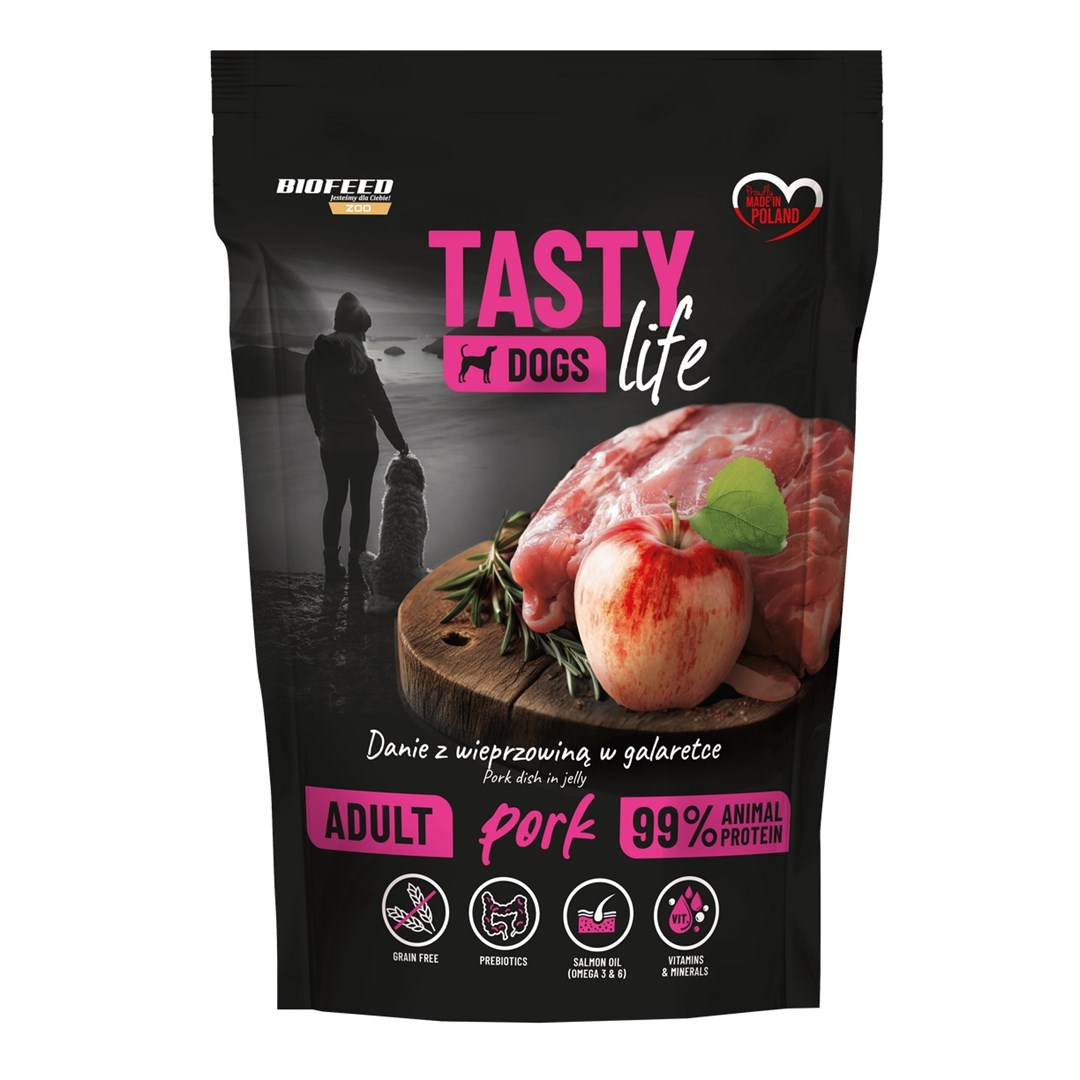 BIOFEED Tasty Dogs Life — ზრდასრული ძაღლების სრულფასოვანი სველი საკვები ღორის ხორცით, 500 გ