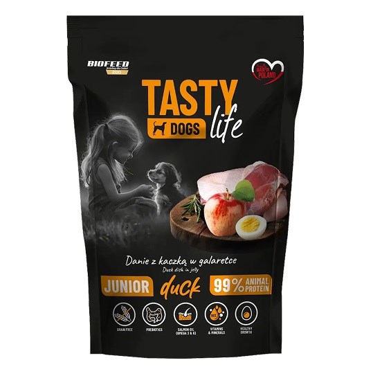 BIOFEED Tasty Dogs Life Junior — ლეკვების სრულფასოვანი სველი საკვები იხვით, 500 გ