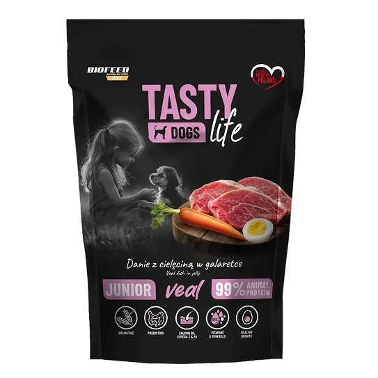 BIOFEED Tasty Dogs Life Junior — ლეკვების სრულფასოვანი სველი საკვები ხბოს ხორცით, 500 გ
