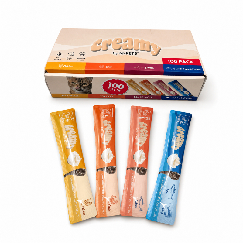 M-PETS Creamy – კატის კრემოვანი სასუსნავი, 4 არომატი, 100 ცალი / 1.5 კგ