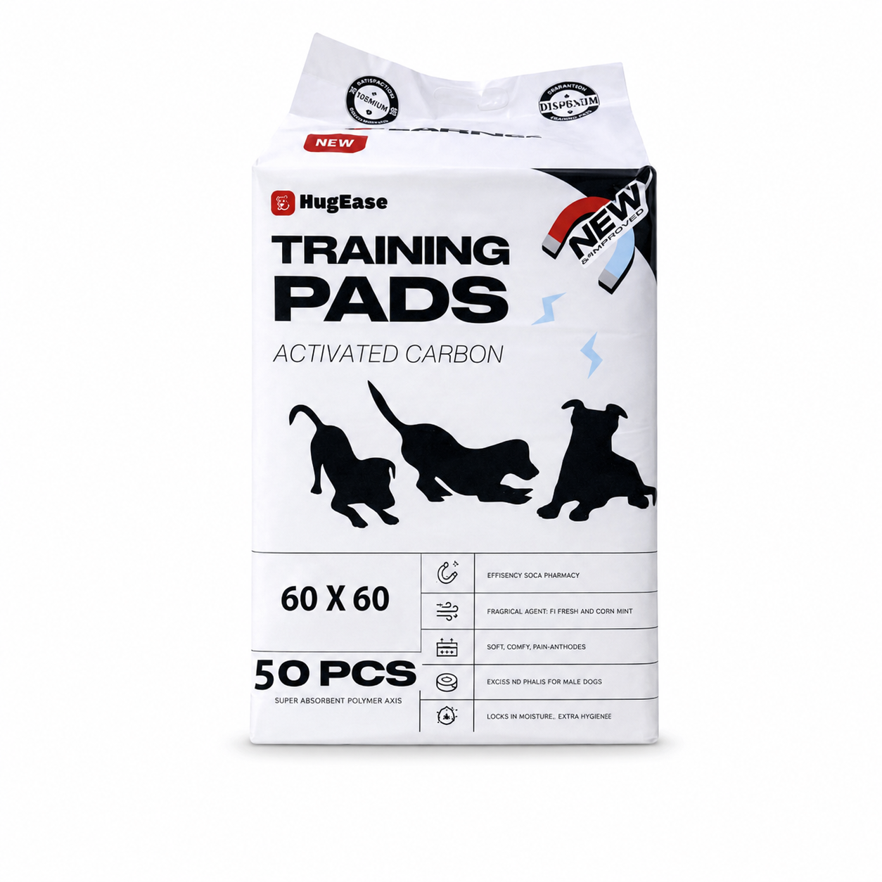 HugEase Training Pads — საფენები აქტივირებული ნახშირით, 60×60 სმ, 50 ცალი