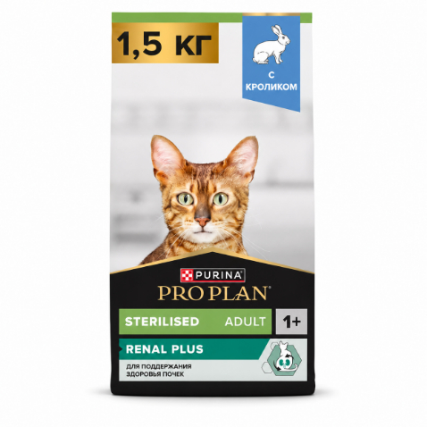 Purina Pro Plan Sterilised Renal Plus — სტერილიზებული ზრდასრული კატების მშრალი საკვები კურდღლით, 1.5 კგ
