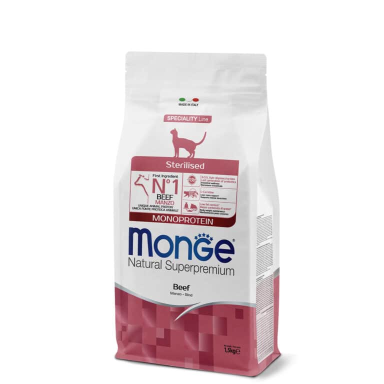 Monge Natural Superpremium Monoprotein Sterilised — სტერილიზებული ზრდასრული კატების მშრალი საკვები საქონლის ხორცით, 1.5 კგ