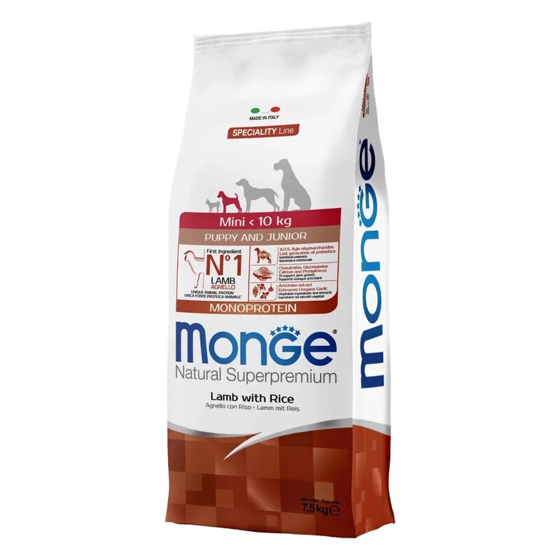 Monge Natural Superpremium Mini Puppy & Junior Monoprotein — მინი ჯიშის ლეკვების მშრალი საკვები ბატკნითა და ბრინჯით, 7.5 კგ
