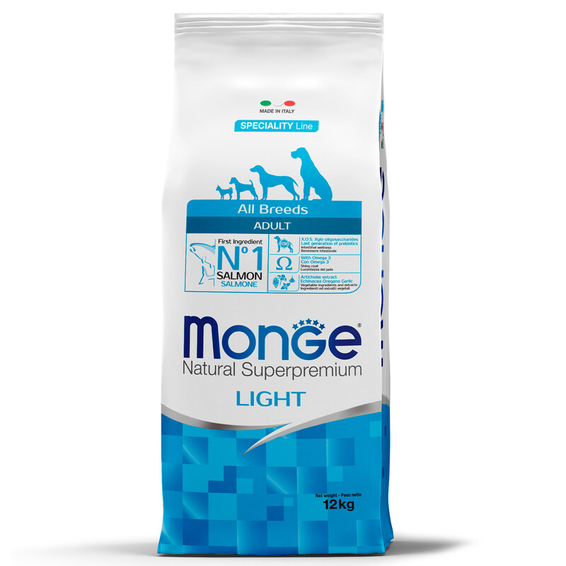 Monge Natural Superpremium Adult Light — ყველა ჯიშის ზრდასრული ძაღლების მშრალი საკვები ორაგულითა და ბრინჯით, 12 კგ