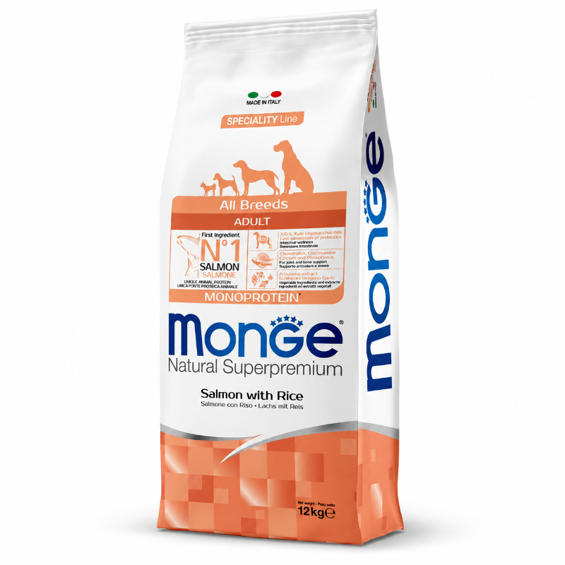 Monge Natural Superpremium Monoprotein — ყველა ჯიშის ზრდასრული ძაღლების მშრალი საკვები ორაგულითა და ბრინჯით, 12 კგ
