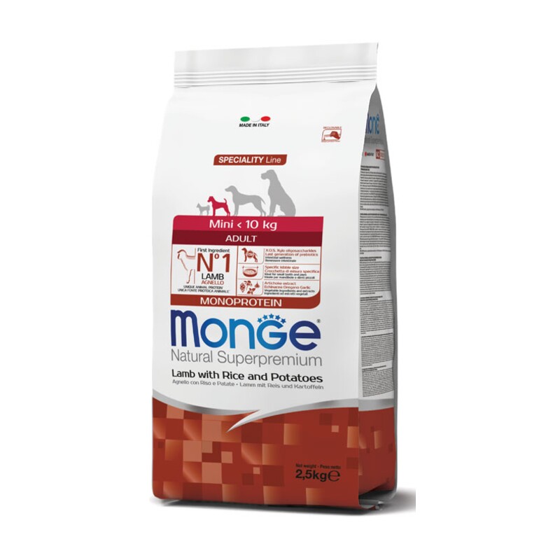 Monge Natural Superpremium Mini Adult Monoprotein — მშრალი საკვები მინი ჯიშის ზრდასრული ძაღლებისთვის ბატკნის ხორცით, ბრინჯითა და კარტოფილით, 2.5 კგ