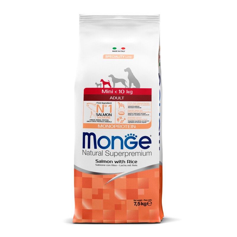 Monge Natural Superpremium Mini Adult Monoprotein — მინი ჯიშის ზრდასრული ძაღლების მშრალი საკვები ორაგულითა და ბრინჯით, 7.5 კგ