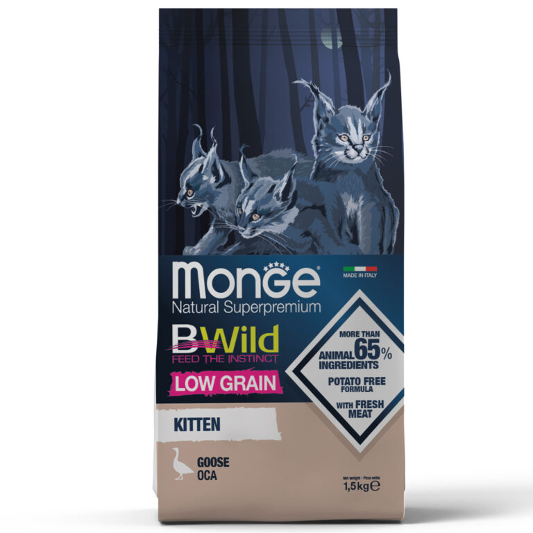 Monge BWild Low Grain — კნუტების სრულფასოვანი მშრალი საკვები ბატის ხორცით, 1.5 კგ