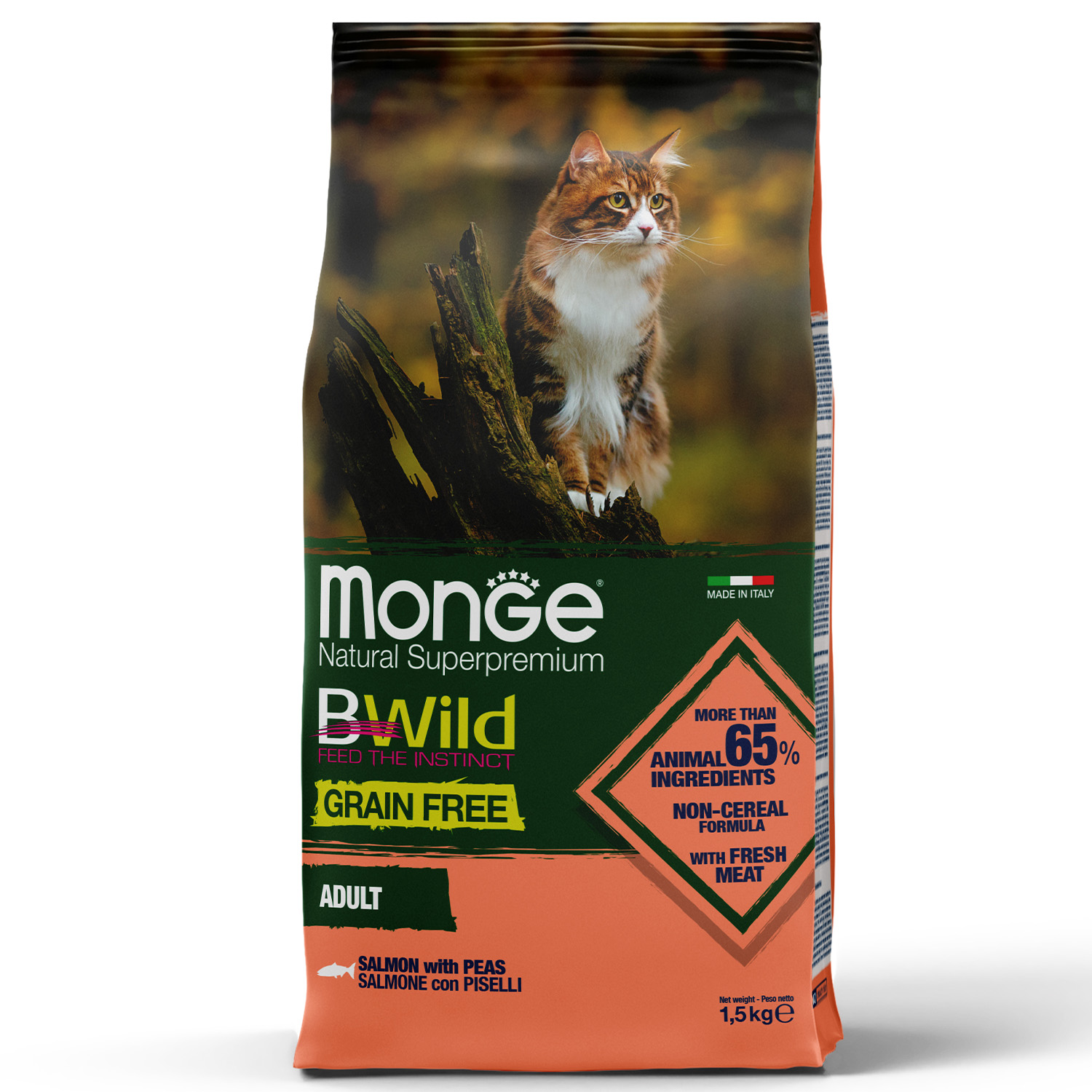 Monge BWild Grain Free — ზრდასრული კატების სრულფასოვანი მშრალი საკვები ორაგულითა და ბარდით, 1.5 კგ