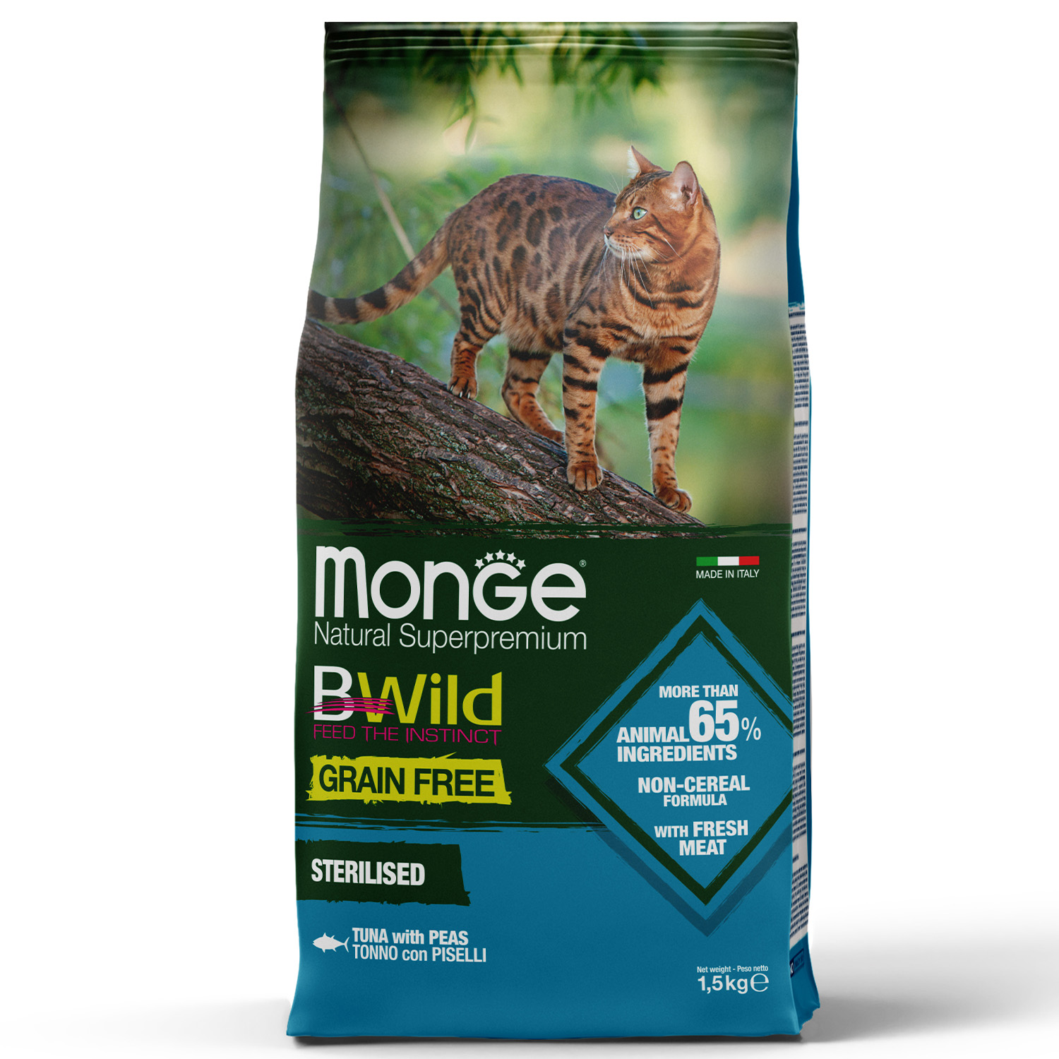 Monge BWild Grain Free — სტერილიზებული კატების სრულფასოვანი მშრალი საკვები თინუსითა და ბარდით, 1.5 კგ
