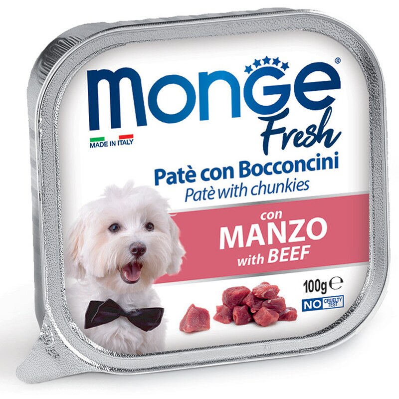 Monge Fresh — ძაღლის სველი საკვები, პაშტეტი საქონლის ხორცის ნაჭრებით, 100 გ