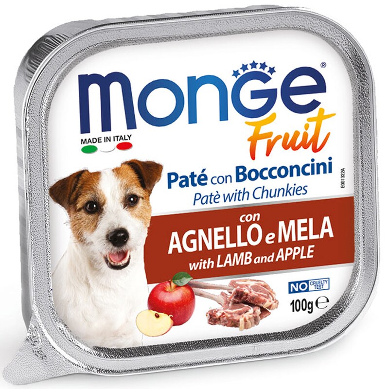 Monge Fruit — ზრდასრული ძაღლების სველი საკვები, პაშტეტი ბატკნის ხორცის ნაჭრებითა და ვაშლით, 100 გ