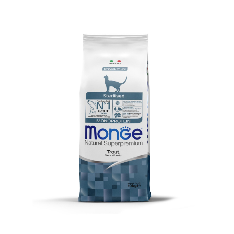 Monge Natural Superpremium Monoprotein Sterilised — სტერილიზებული ზრდასრული კატების მშრალი საკვები კალმახით, 10 კგ