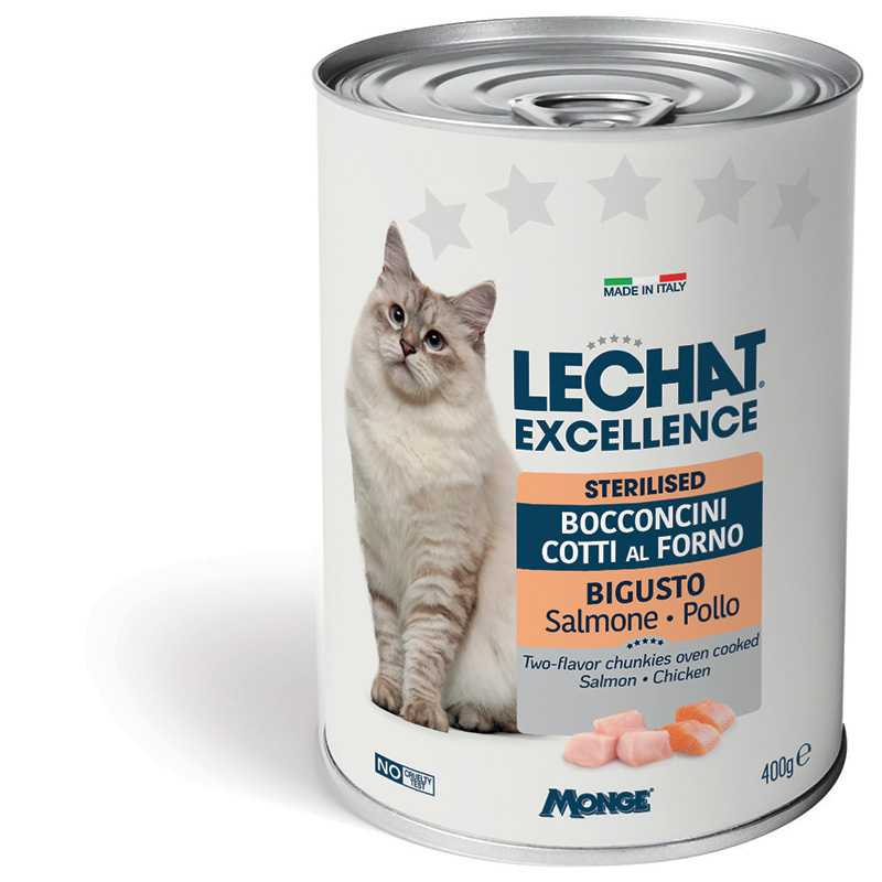 Monge LeChat Excellence — ღუმელში მომზადებული ნაჭრები ორაგულითა და ქათმით სტერილიზებული ზრდასრული კატებისთვის, 400 გრ