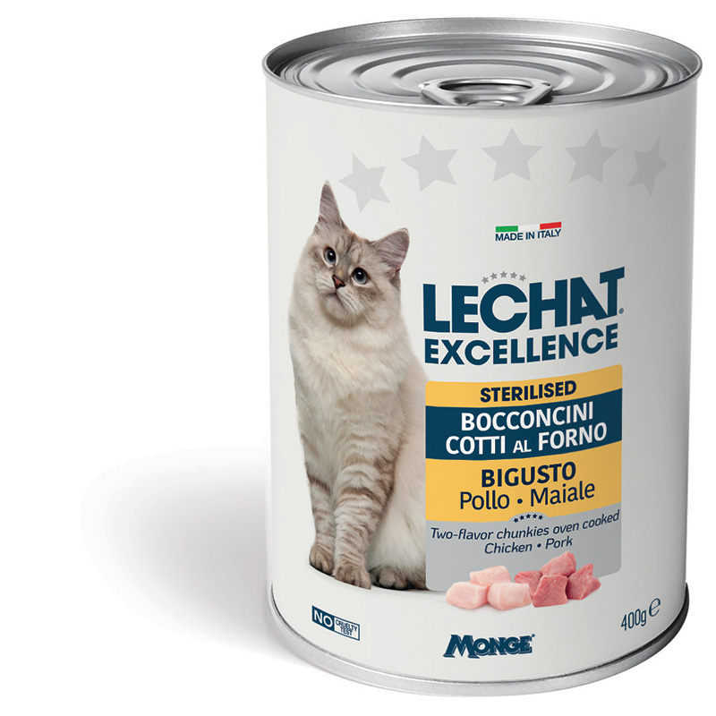 Monge LeChat Excellence — ღუმელში მომზადებული ნაჭრები ქათმისა და ღორის ხორცით სტერილიზებული ზრდასრული კატებისთვის, 400 გრ